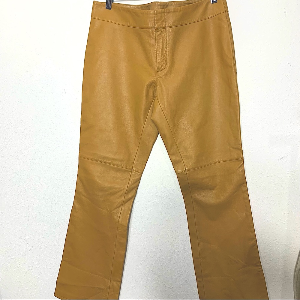 Vintage Tan Leather boot cut pants with hook closure.